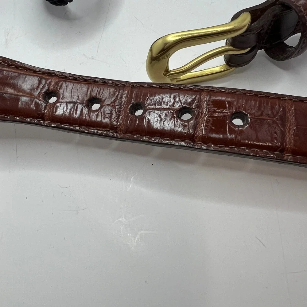 Brighton Navy Braided Cord Brown‎ Croc Leather Belt Solid Brass Buckle USA